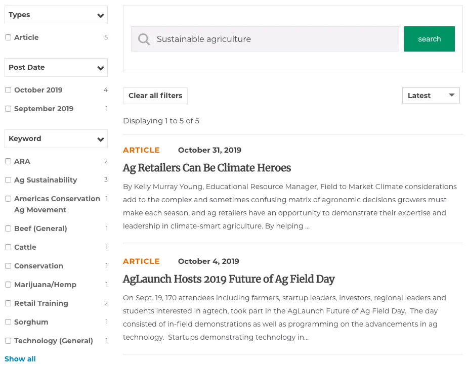 Screenshot of AgWeb website showing a column with bullet points on left and search box and search results in text on right