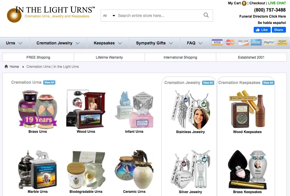 Homepage of In The Light Urns website with several images of urns