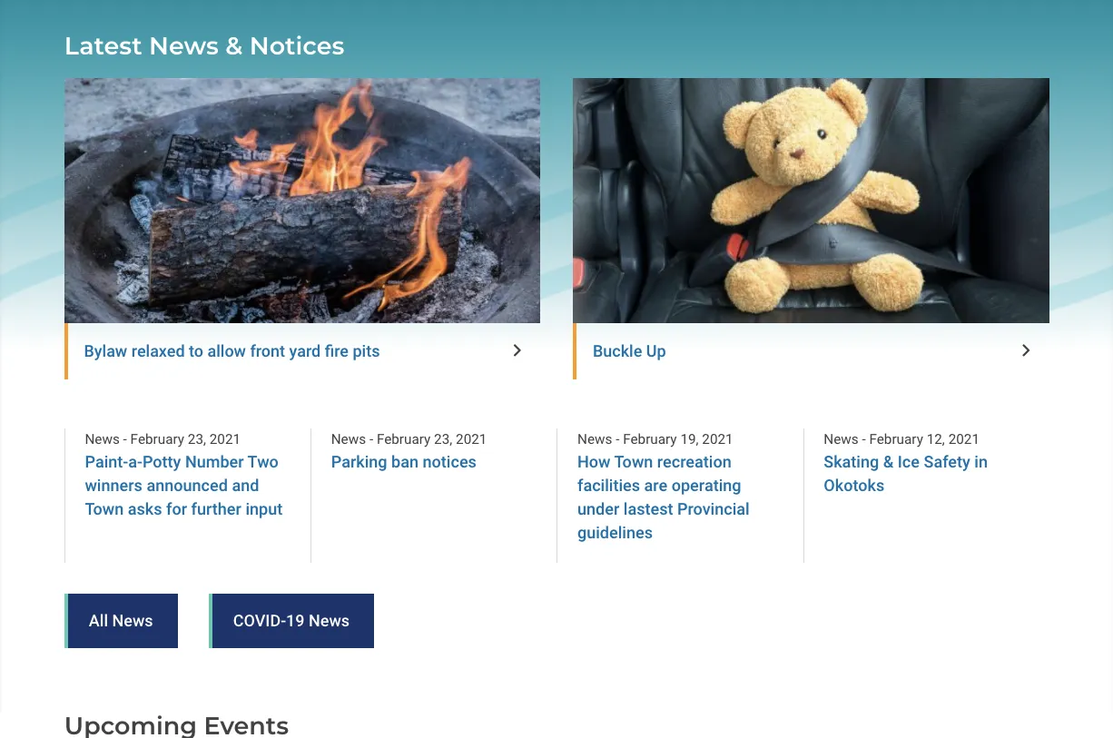 Homepage tiles that display latest news and events with featured items. 