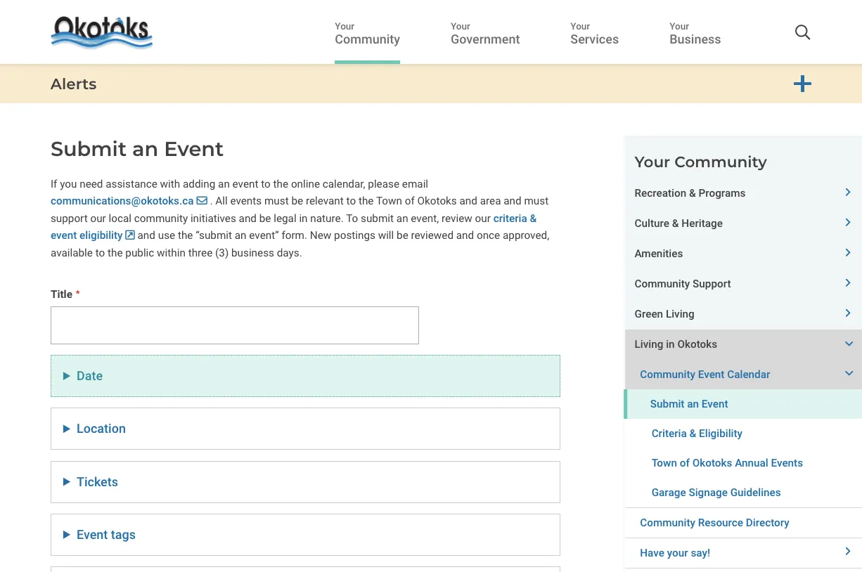Webform to submit an event to the Town of Okotoks. 