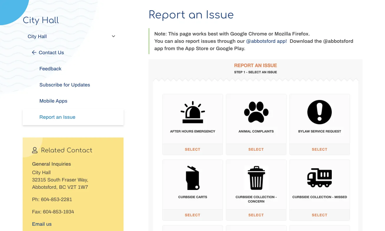 Report a problem webpage with icons and options to choose from. 