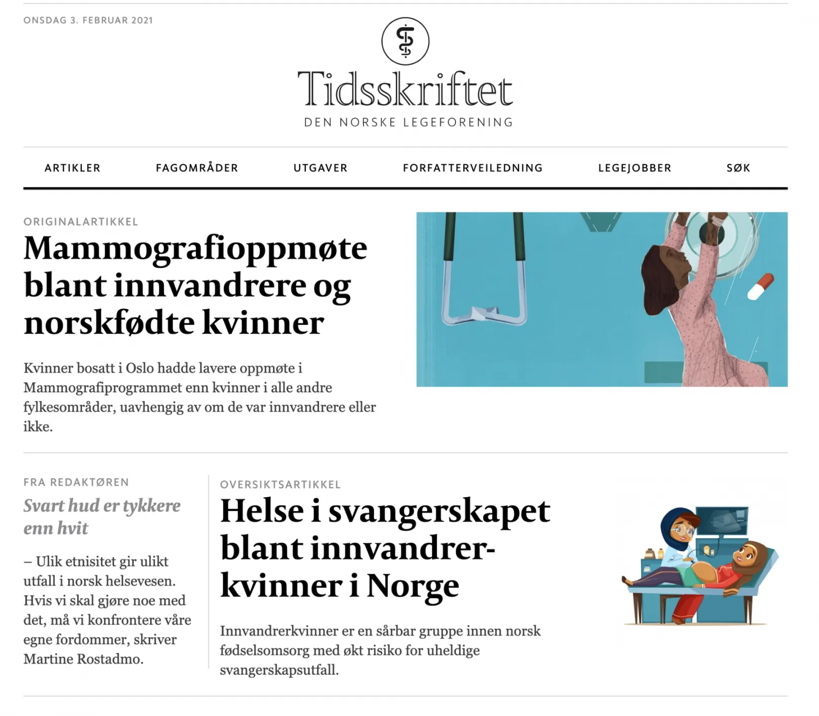 A screenshot of tidsskriftet.no frontpage layout