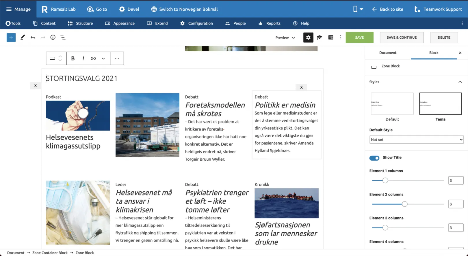 An admin view of Ramsalt Gutenberg Frontpage Builder