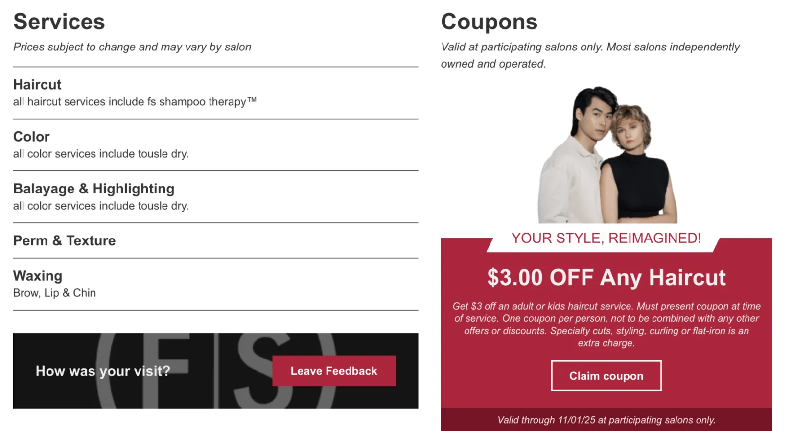 salon page with custom coupon offering