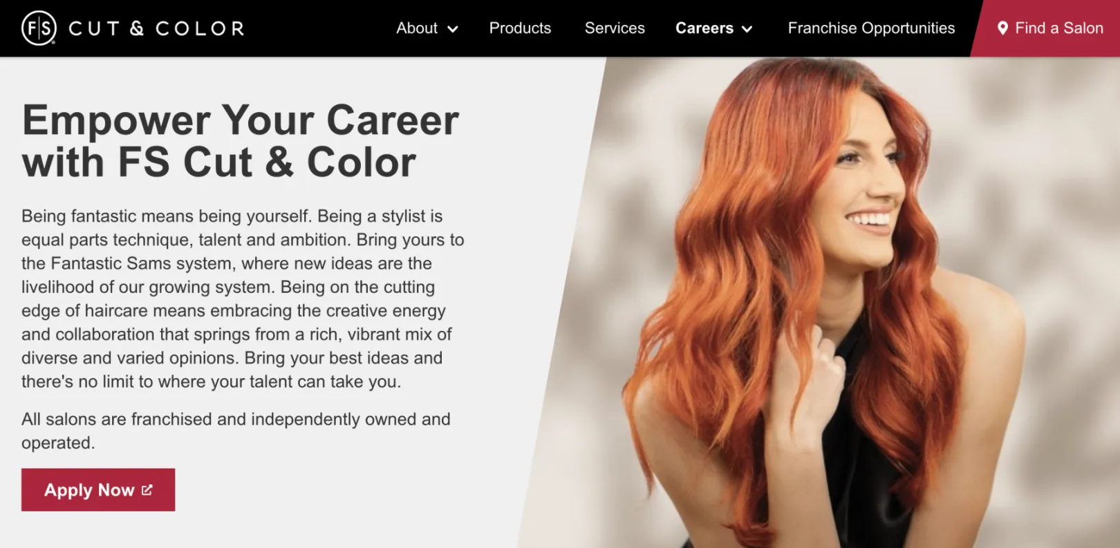 career signup page with red-haired salon model