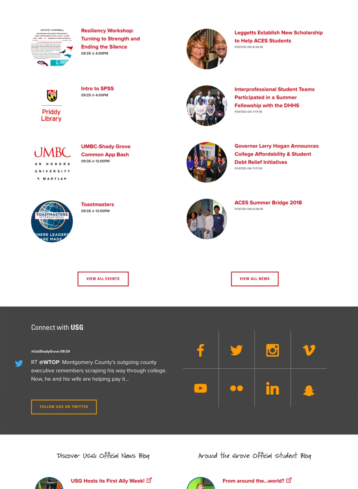 An area of The Universities at Shady Grove's website. Two columns and four rows of news and events listed, with Events on the left and News on the right. Below is a grey section with several ways to connect with the university.