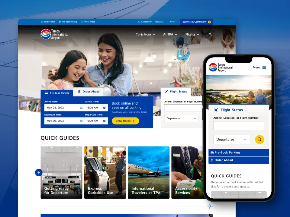Tampaairport.com homepage on desktop and mobile