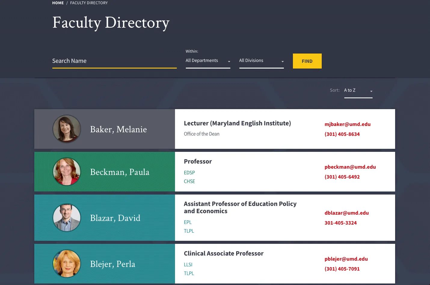 UMD College of Education's faculty directory webpage shows filter and search options at the top with members listed out in rows below