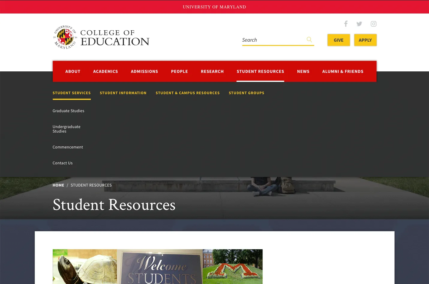 A page on the UMD College of Education website showing menu navigation