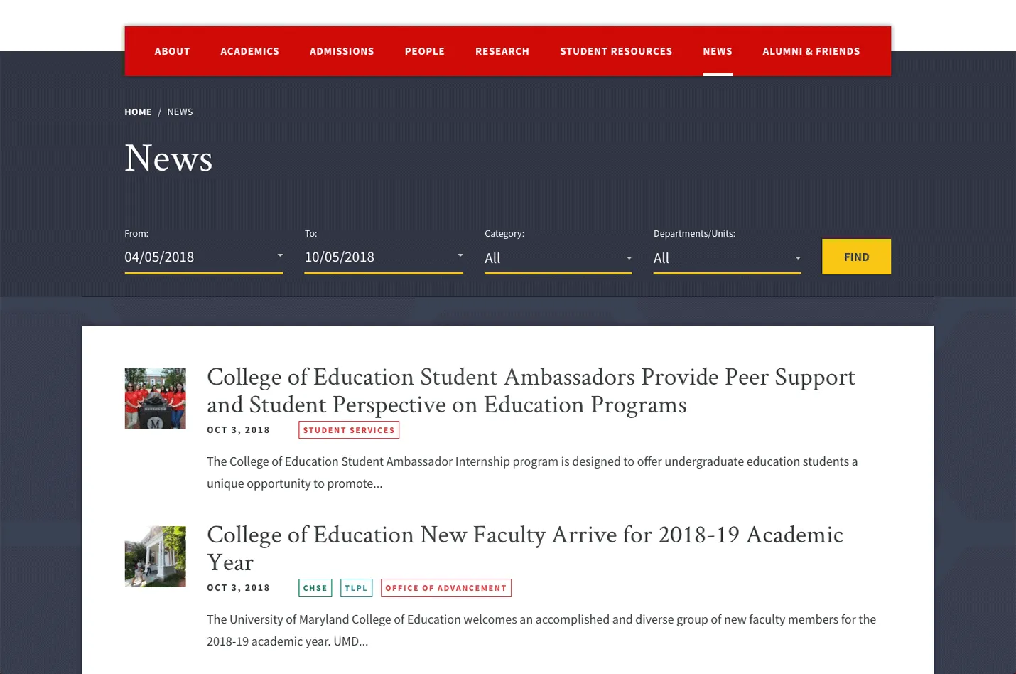 UMD College of Education's news webpage shows filter and search options at the top with the most recent articles listed out in rows below