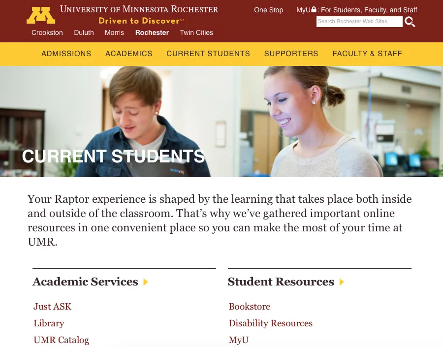 Homepage for University of Minnesota Rochester, one of the campuses within the UMN organization.