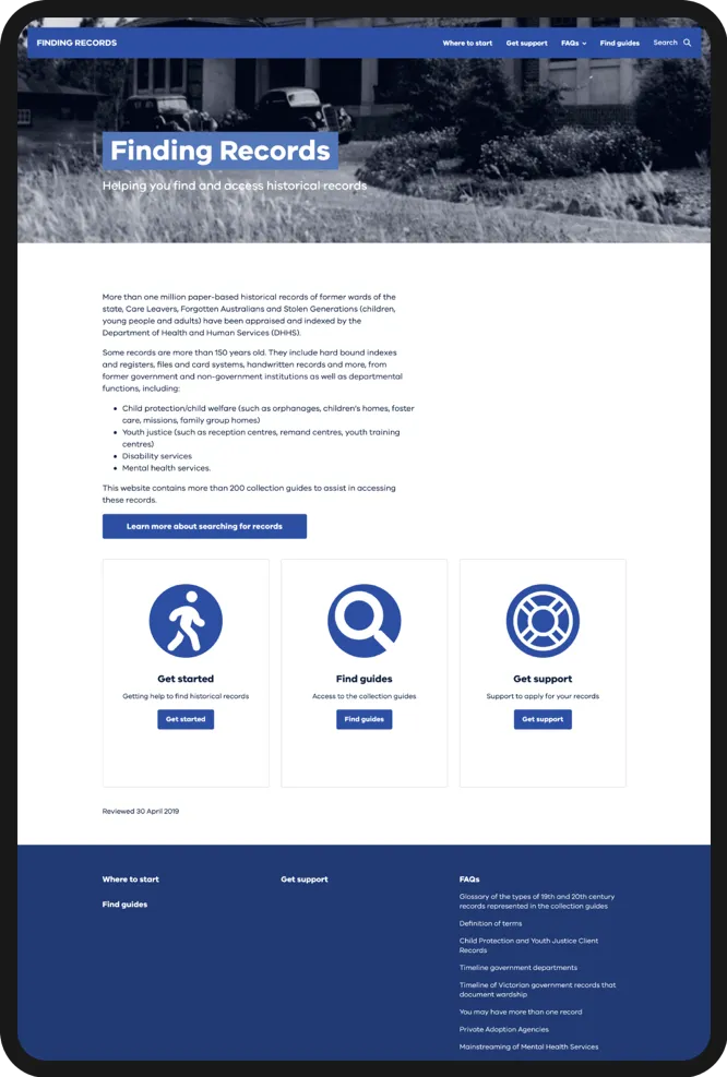 Screenshot of the homepage for the Finding Records website.