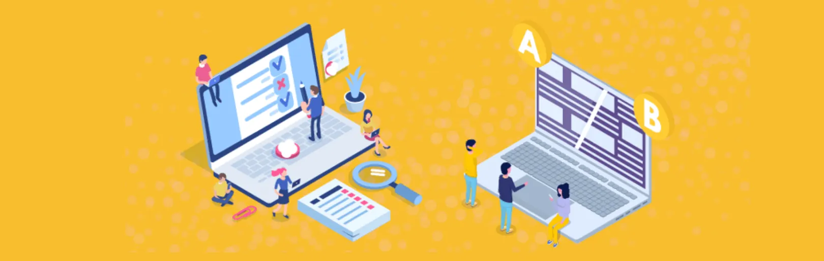 Graphical image of two laptops side by side with people around them.