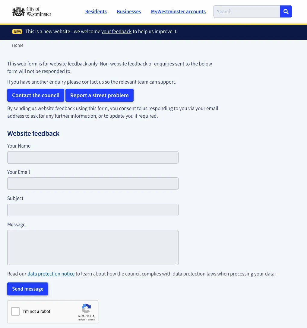 Westminster City Council Webform