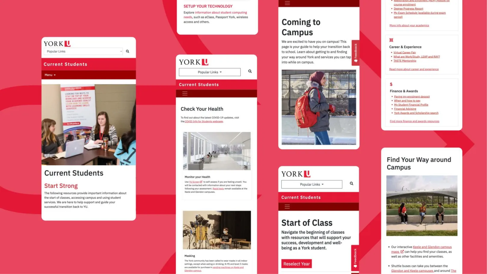 A series of screenshots from the York University mobile view