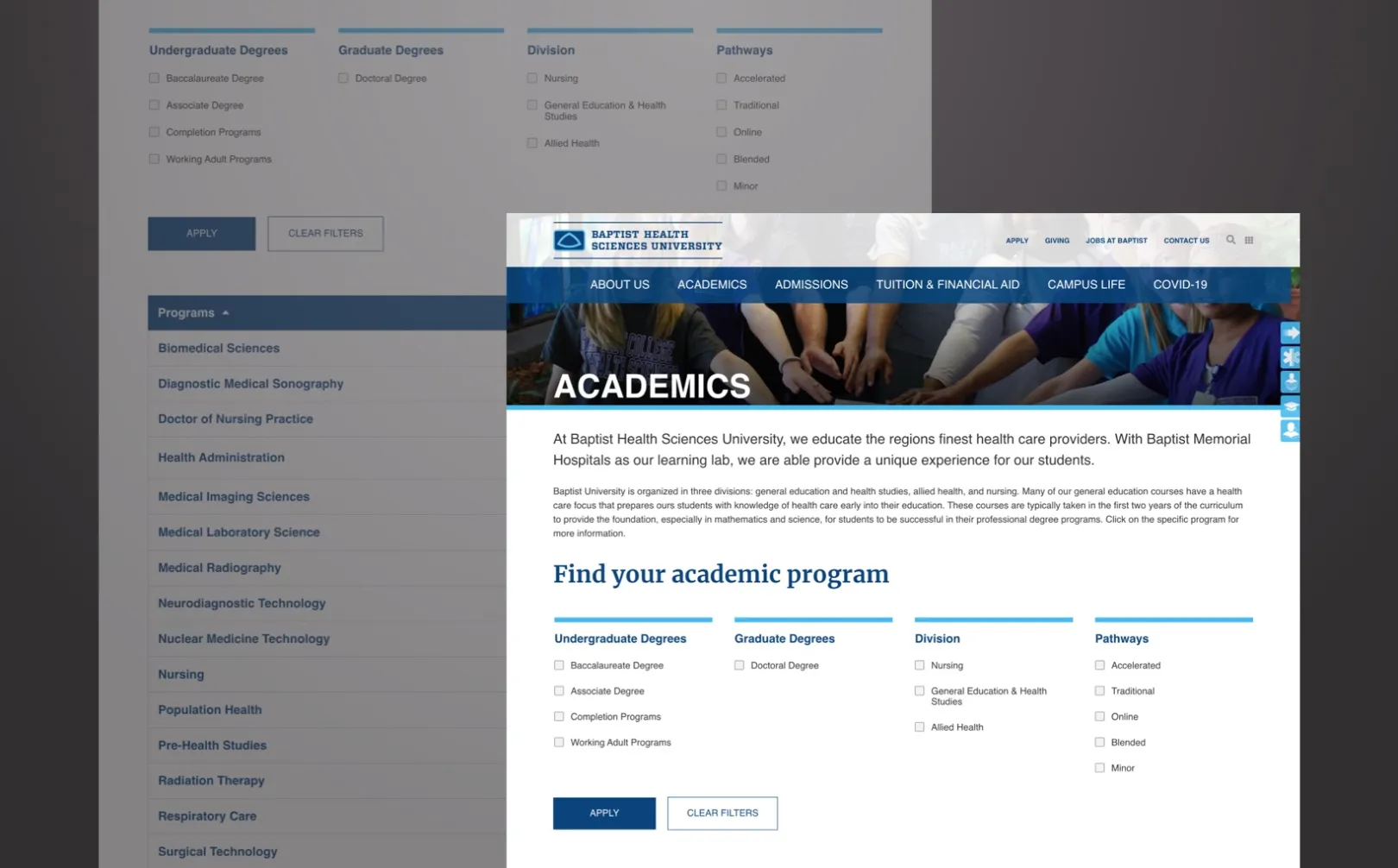 Baptist.edu academics landing page