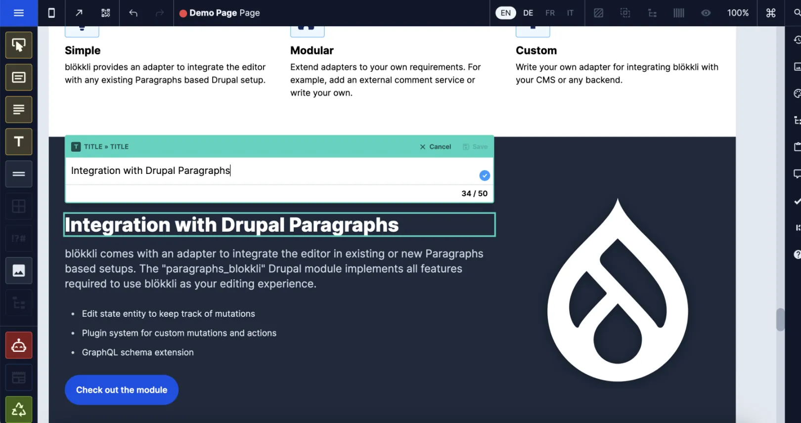 Screenshot of Integration with Drupal Paragraphs