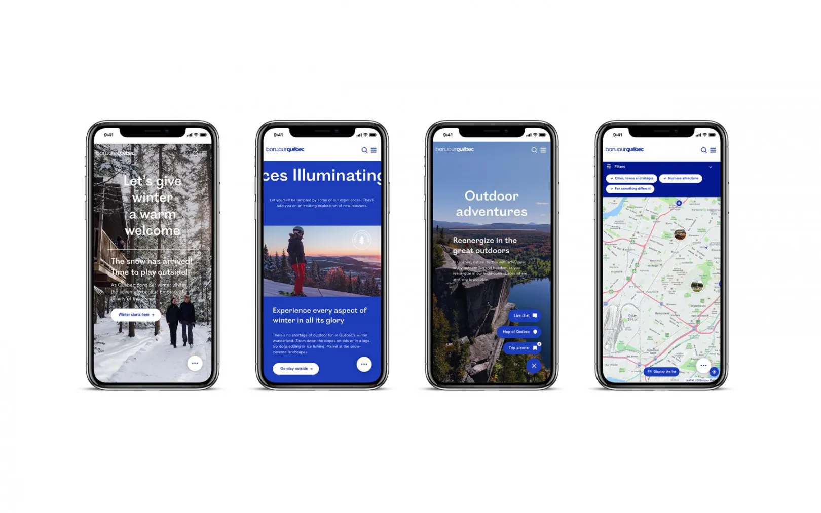 A series of screenshots from the BonjourQuebec mobile view