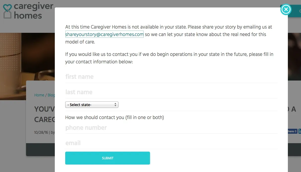 Caregiver Homes popup qualifying widget exit screen