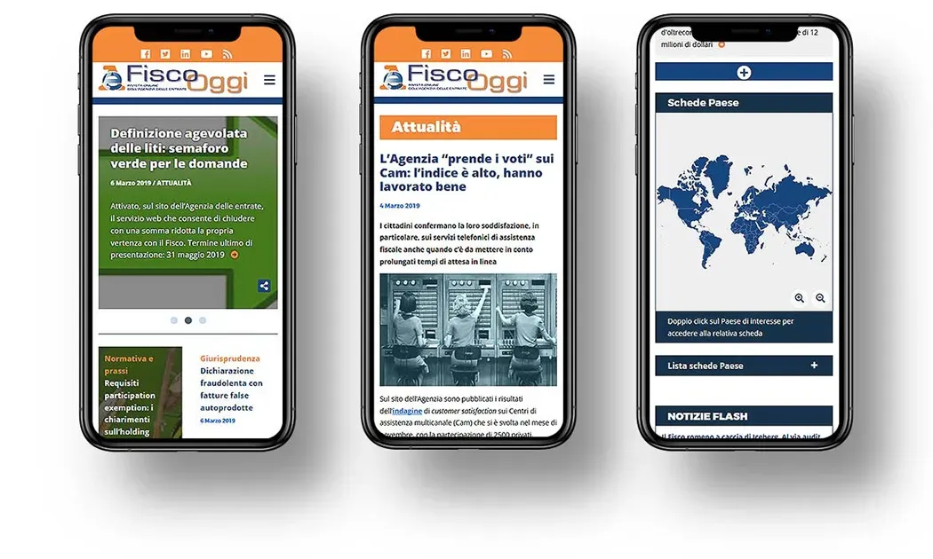 Three smartphones showing FiscoOggi mobile views including news articles and an interactive country-tax map