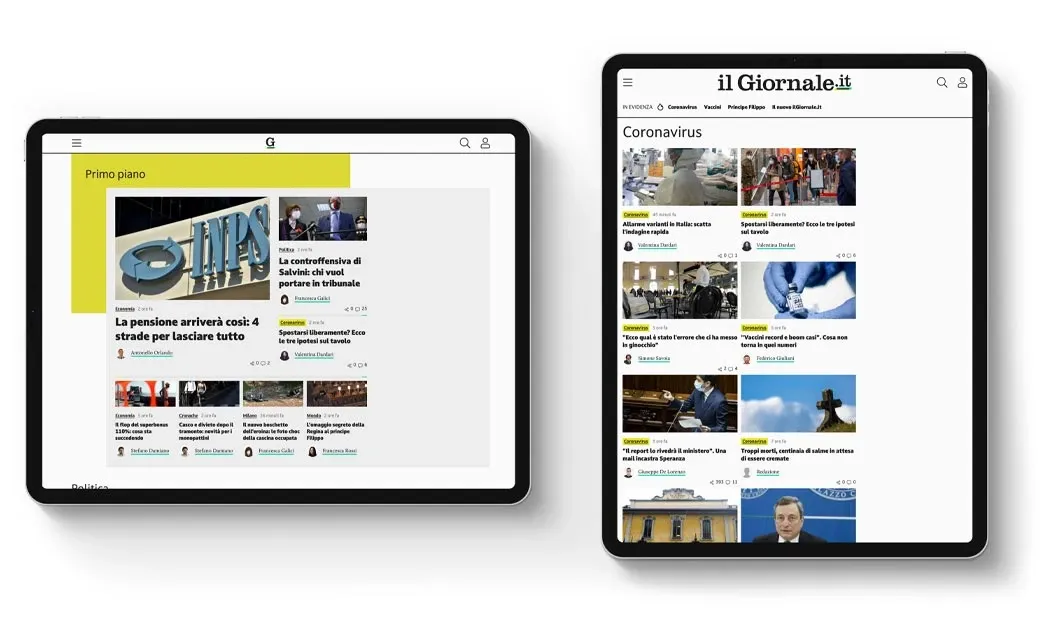 The ilgiornale.it news homepage and Coronavirus section shown on two tablets