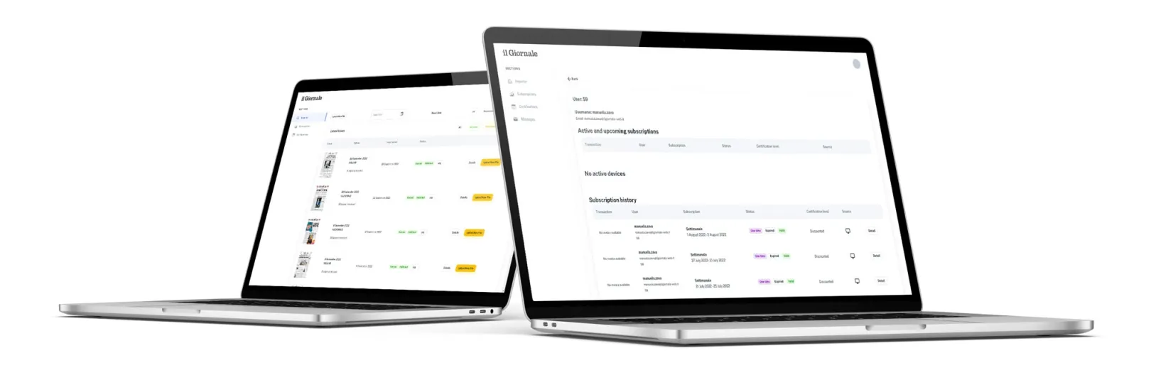 The Il Giornale editorial back-office managing users and subscriptions