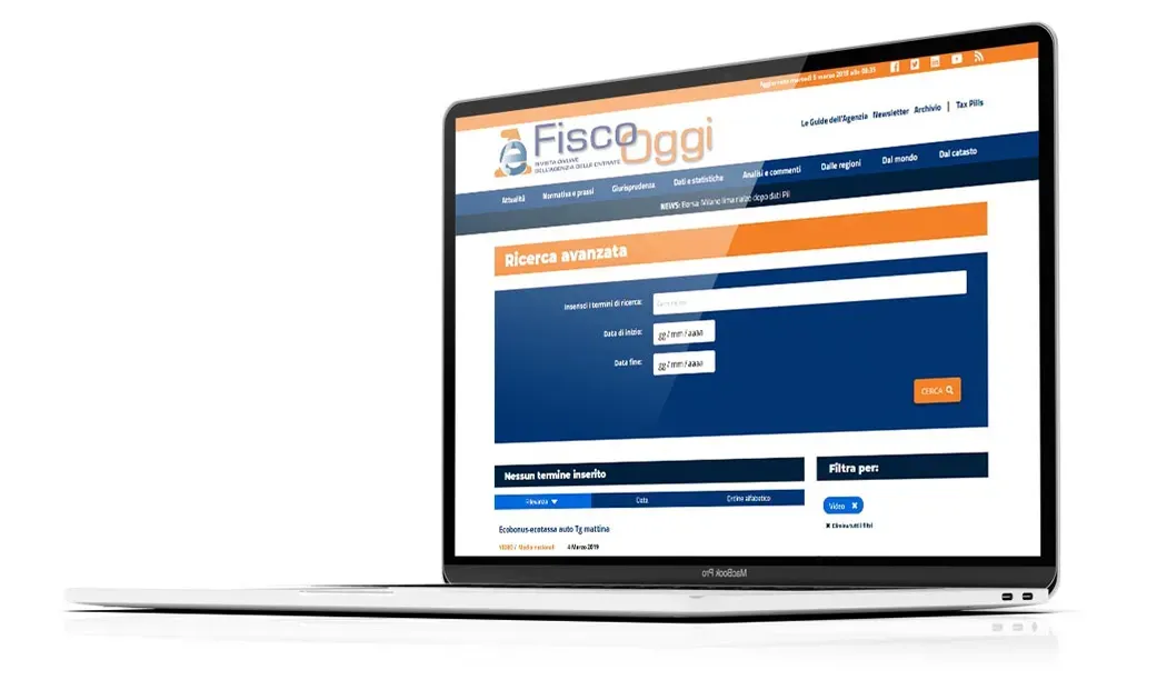 The FiscoOggi advanced search page with date filters and faceted results on a laptop