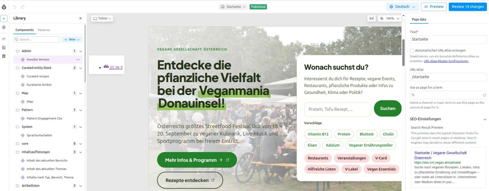 The vegan.at start page open in the Drupal Canvas editor: component library on the left, live preview of the page in the middle, settings panel on the right