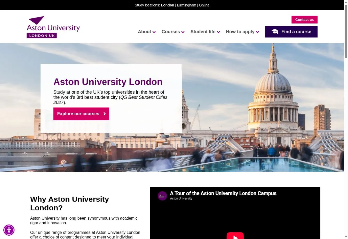 Aston University London homepage with London branding, a St Paul’s Cathedral photograph and an Explore our courses button