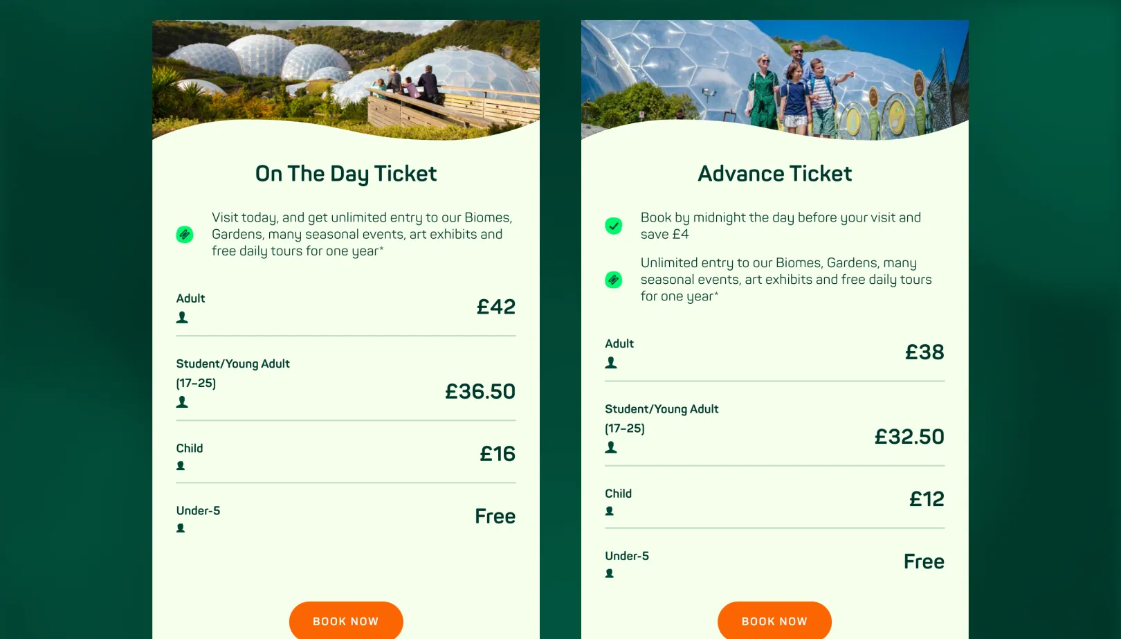 The Eden Project webpage that shows how to book tickets