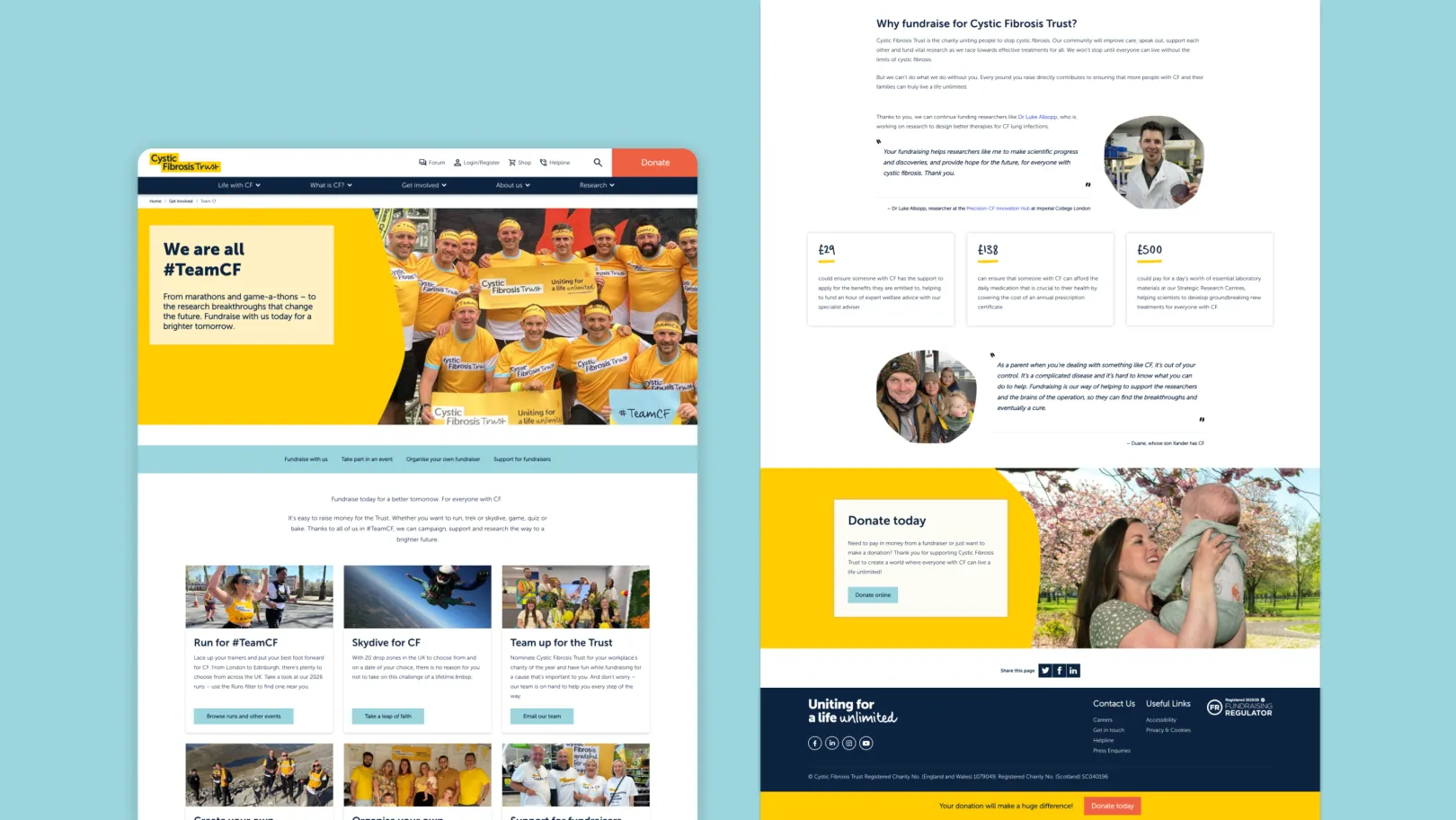 Fundraising page for Cystic Fibrosis Trust featuring a hero image of runners in yellow shirts, fundraising activity options such as runs and skydives, impact statements showing donation amounts, and a call-to-action encouraging users to donate.
