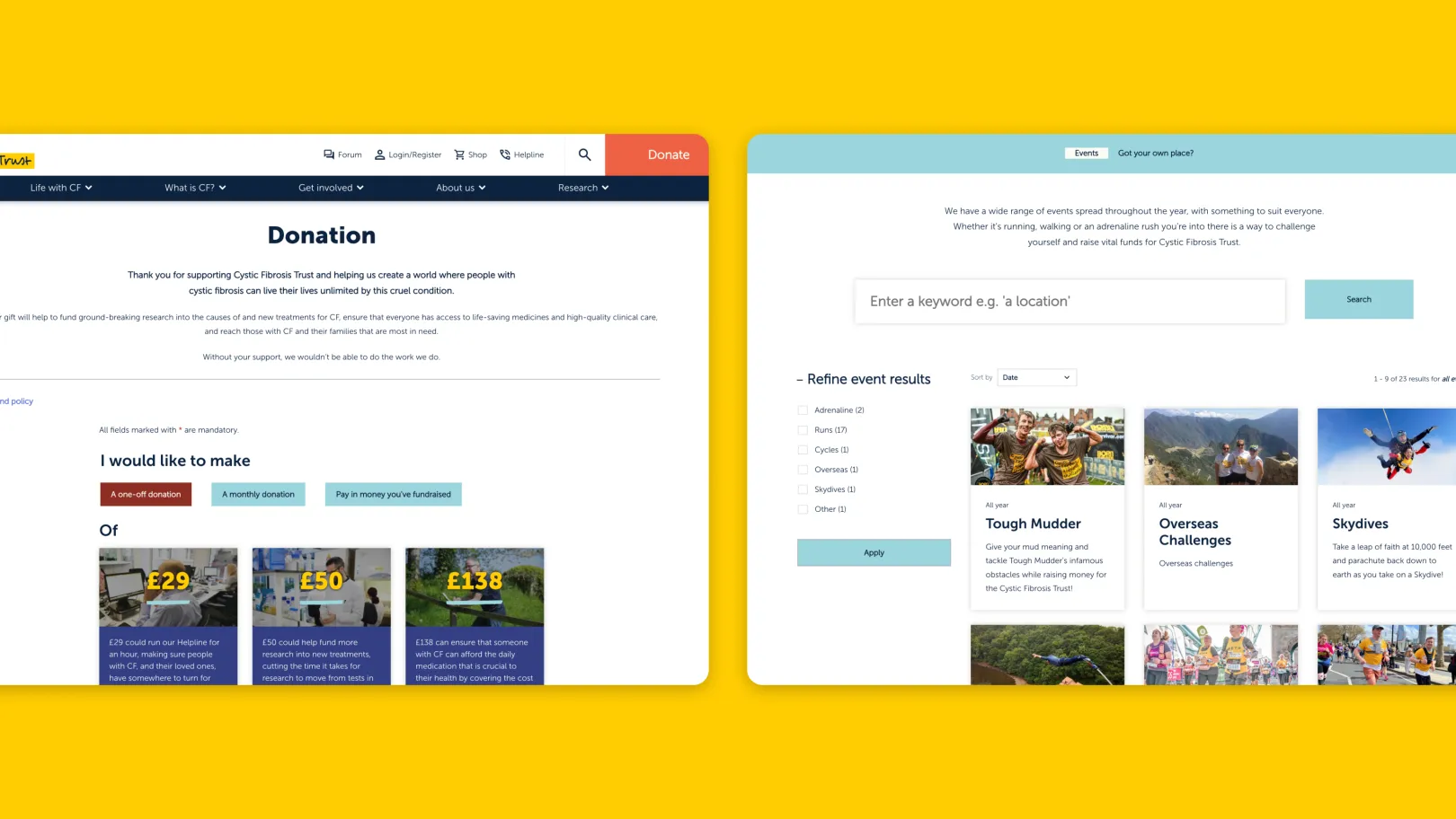 Donation page and events listing interface showing options for one-off or monthly donations with preset amounts, alongside a searchable events section with filters and cards for activities like Tough Mudder, overseas challenges, and skydives.