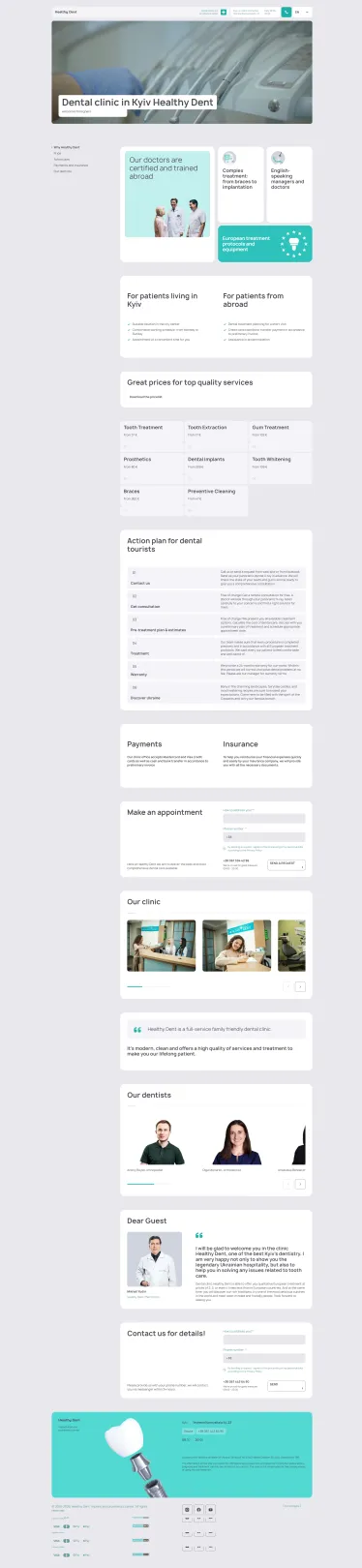 Screnshot of the HealthyDent implantation, prosthetics and dentistry center Page of the website on Drupal