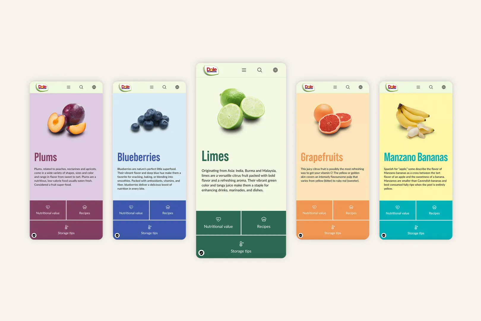 Dole website displayed on mobile screens, highlighting different fruits of Dole's product portfolio