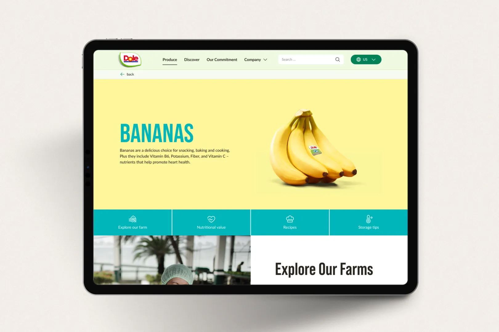 Dole website displayed on a tablet with the product detail page of bananas visible on screen.