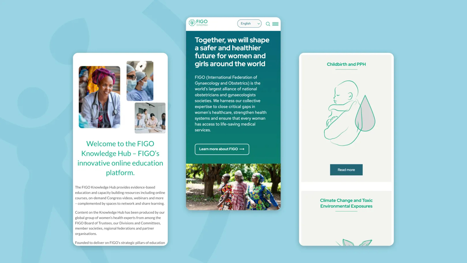 Mobile layouts for the FIGO website featuring a welcome message about improving women’s health, an image collage of healthcare settings, and content cards linking to topics like childbirth and environmental health.