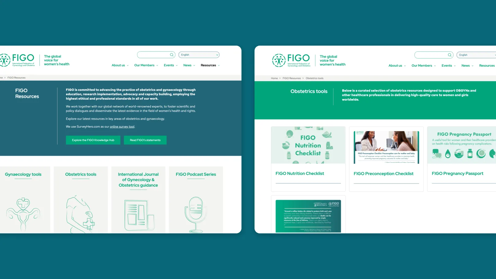 FIGO resources pages displaying sections for obstetrics and gynaecology tools, including cards for resources like nutrition and preconception checklists, with navigation and search options.