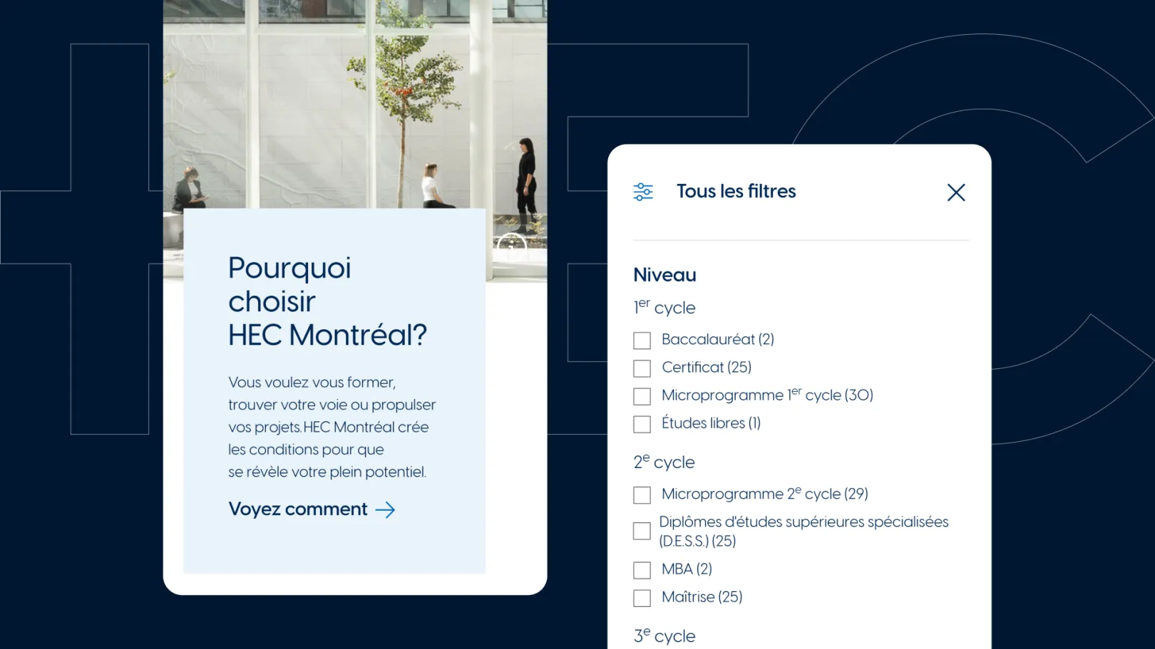 HEC Montréal website mockup showing a “Why choose HEC Montréal?” content card beside an expanded filters panel for program levels.