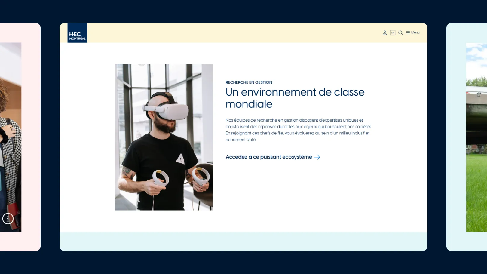 Desktop version of the HEC Montréal website showing a research page with a photo of a person using a virtual reality headset and the heading “A world-class environment.”