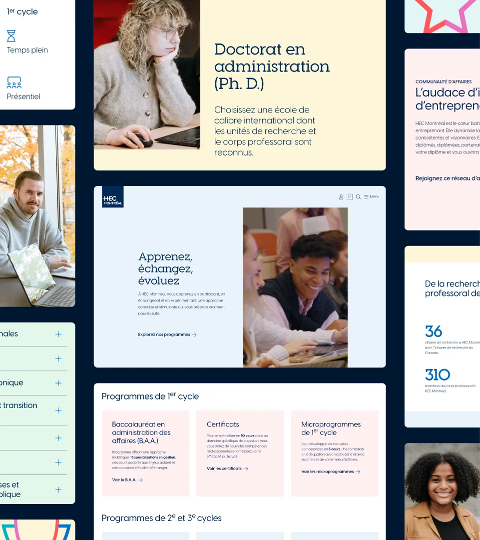 Collage of desktop HEC Montréal website pages showing program cards, homepage content, research statistics, navigation categories, and student-focused visuals in a dark blue, white, and pastel design.