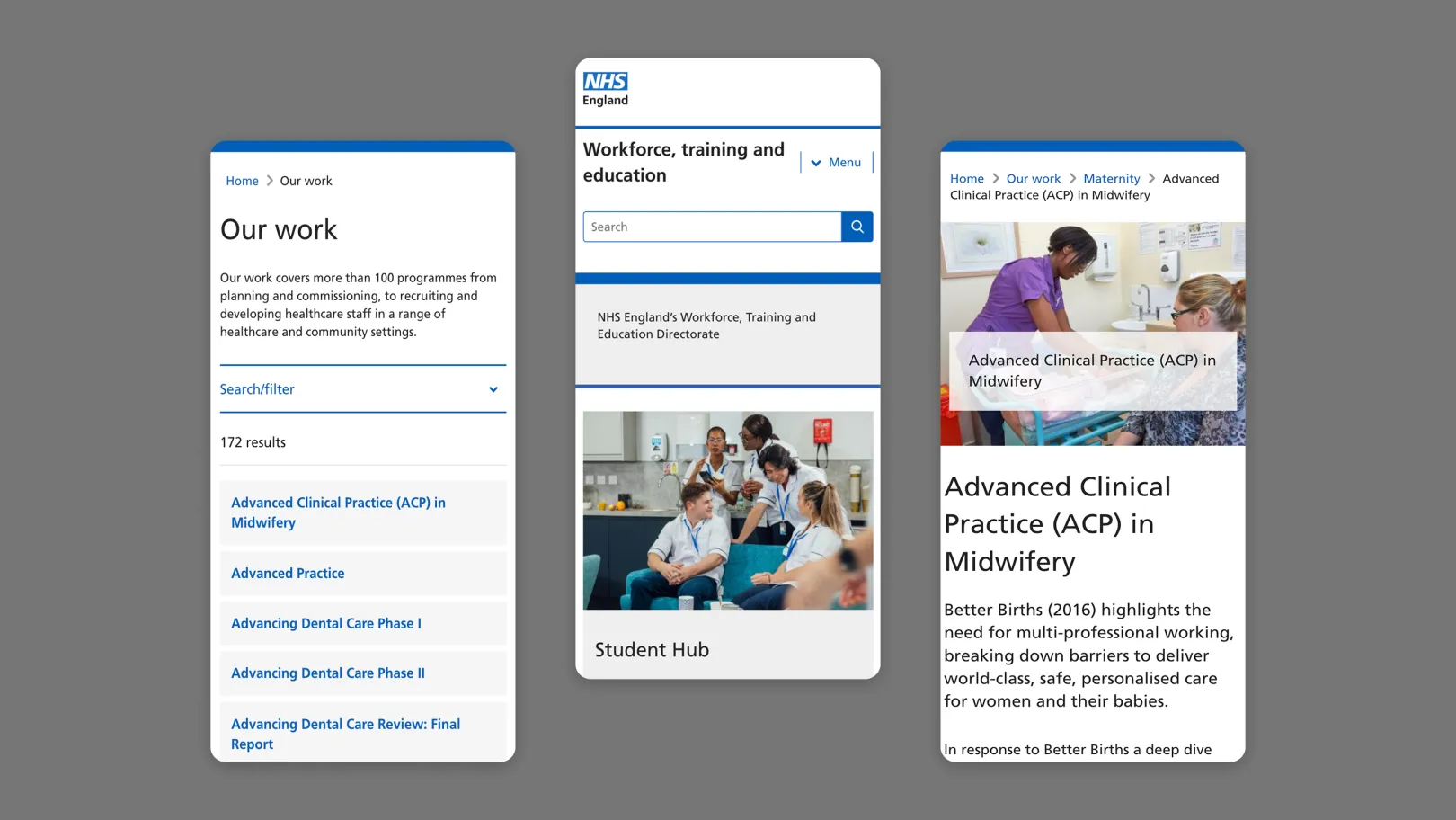 Mobile layouts of NHS England Workforce, Training and Education site showing an ‘Our work’ listing page, a Student Hub card, and an Advanced Clinical Practice in Midwifery article page.
