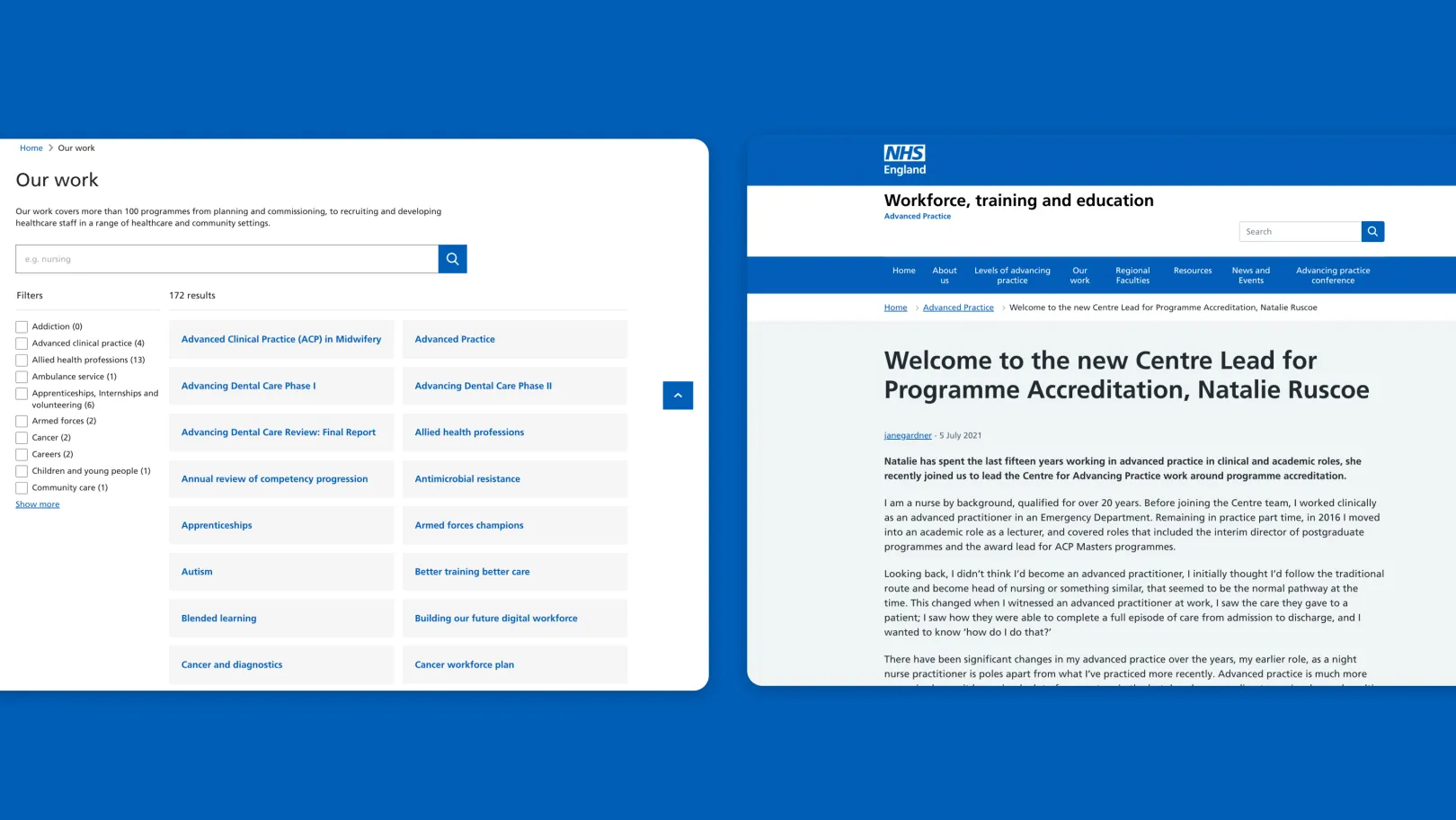 NHS England ‘Our work’ page with search and filter options listing multiple programmes, alongside an article page titled ‘Welcome to the new Centre Lead for Programme Accreditation, Natalie Ruscoe’.