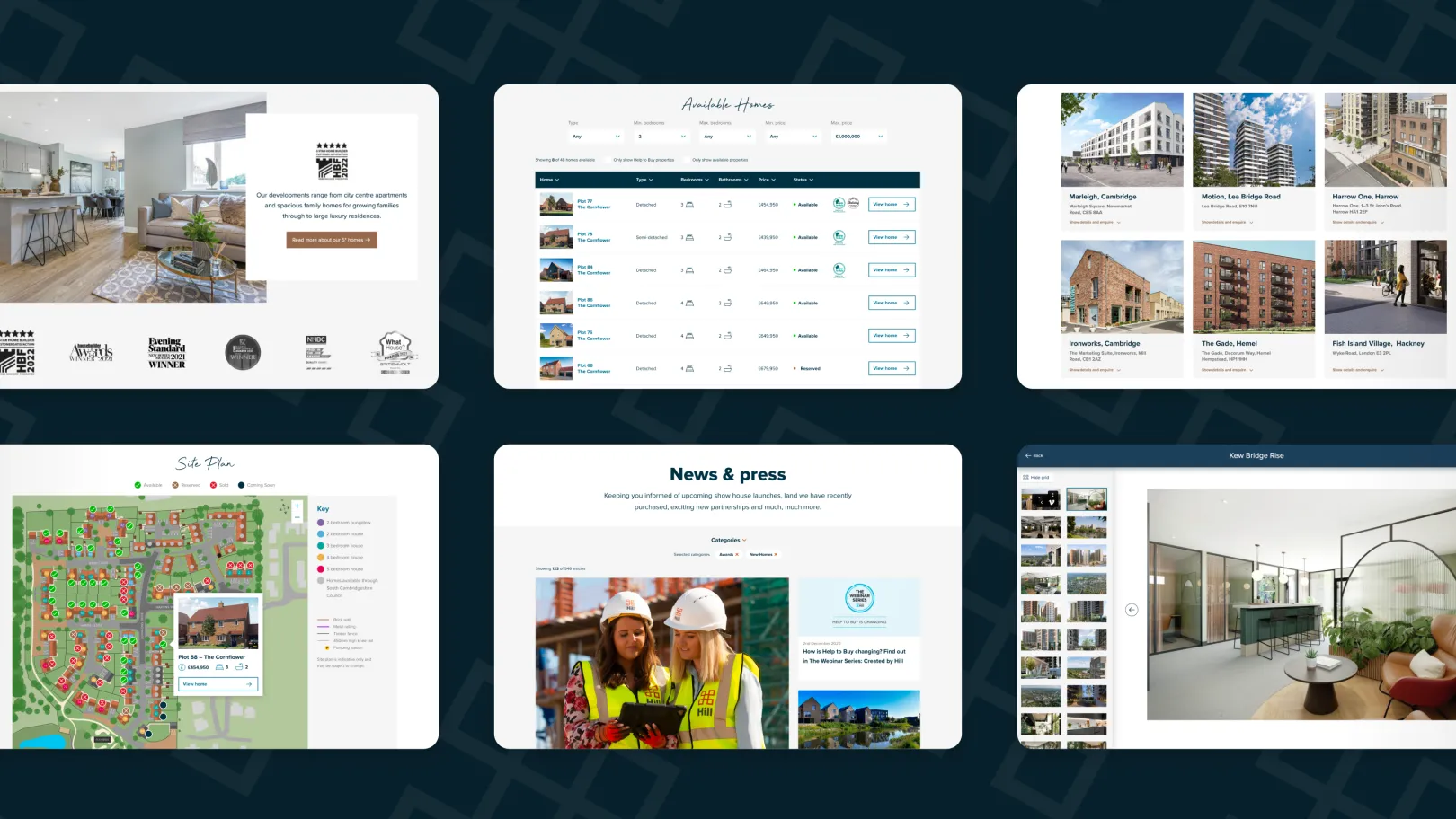 Collection of Hill website pages including a list of available homes with filters, development property cards, a site plan map with labelled plots, a news and press section, and an interior image gallery.