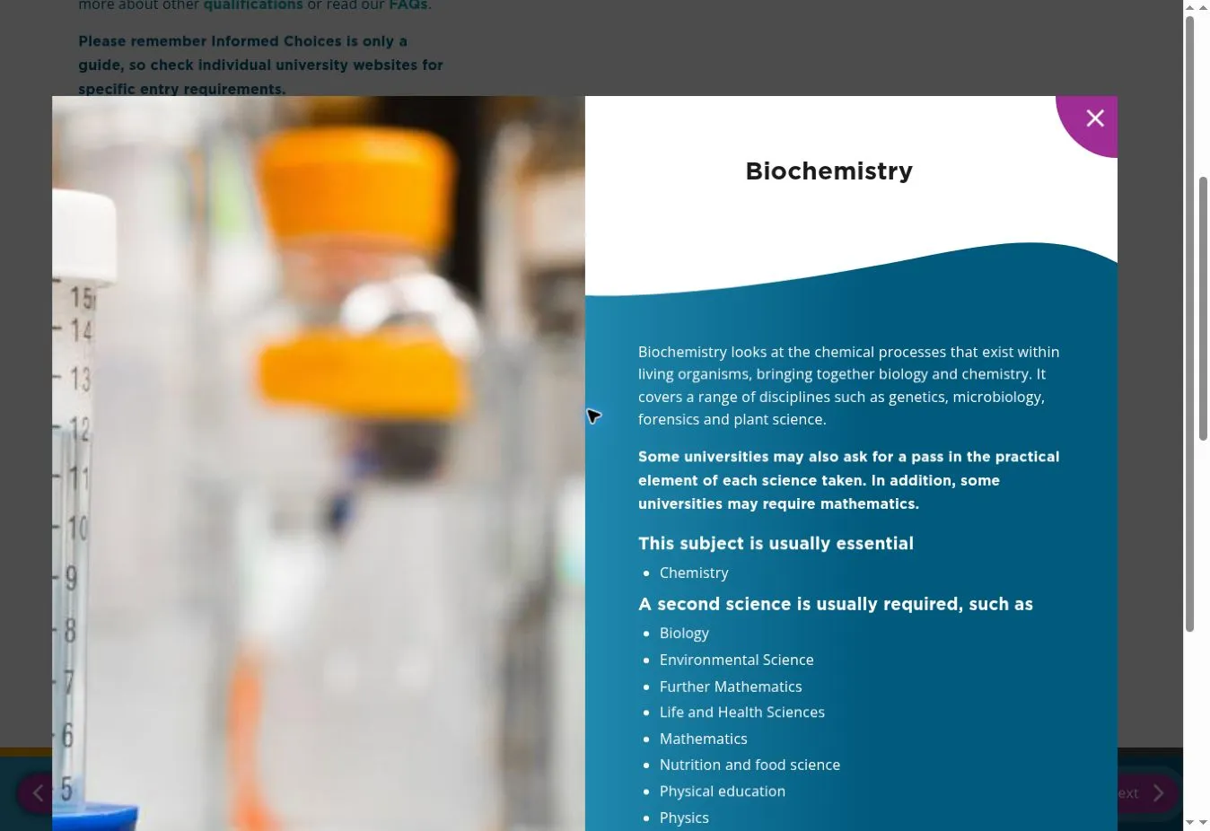 Biochemistry overlay with laboratory imagery, a subject description and required school subjects