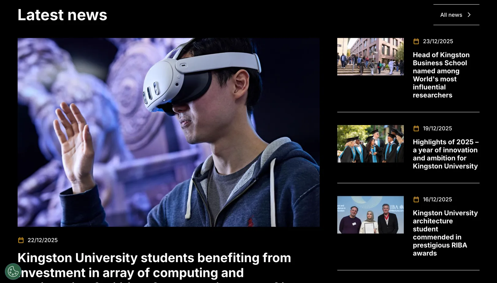 Kingston University webpage with their latest news