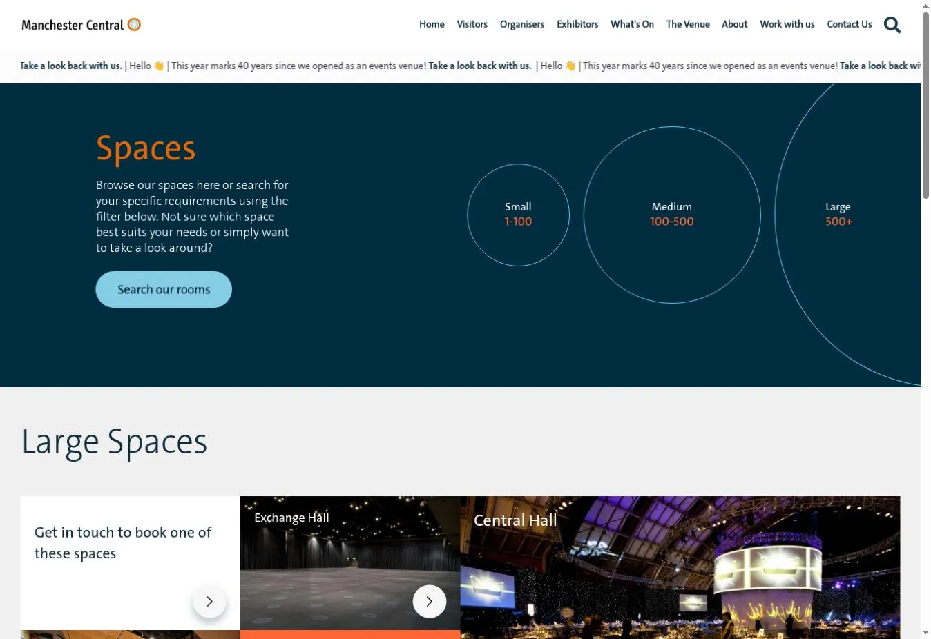 Manchester Central’s Spaces page with small, medium and large capacity categories and venue photography