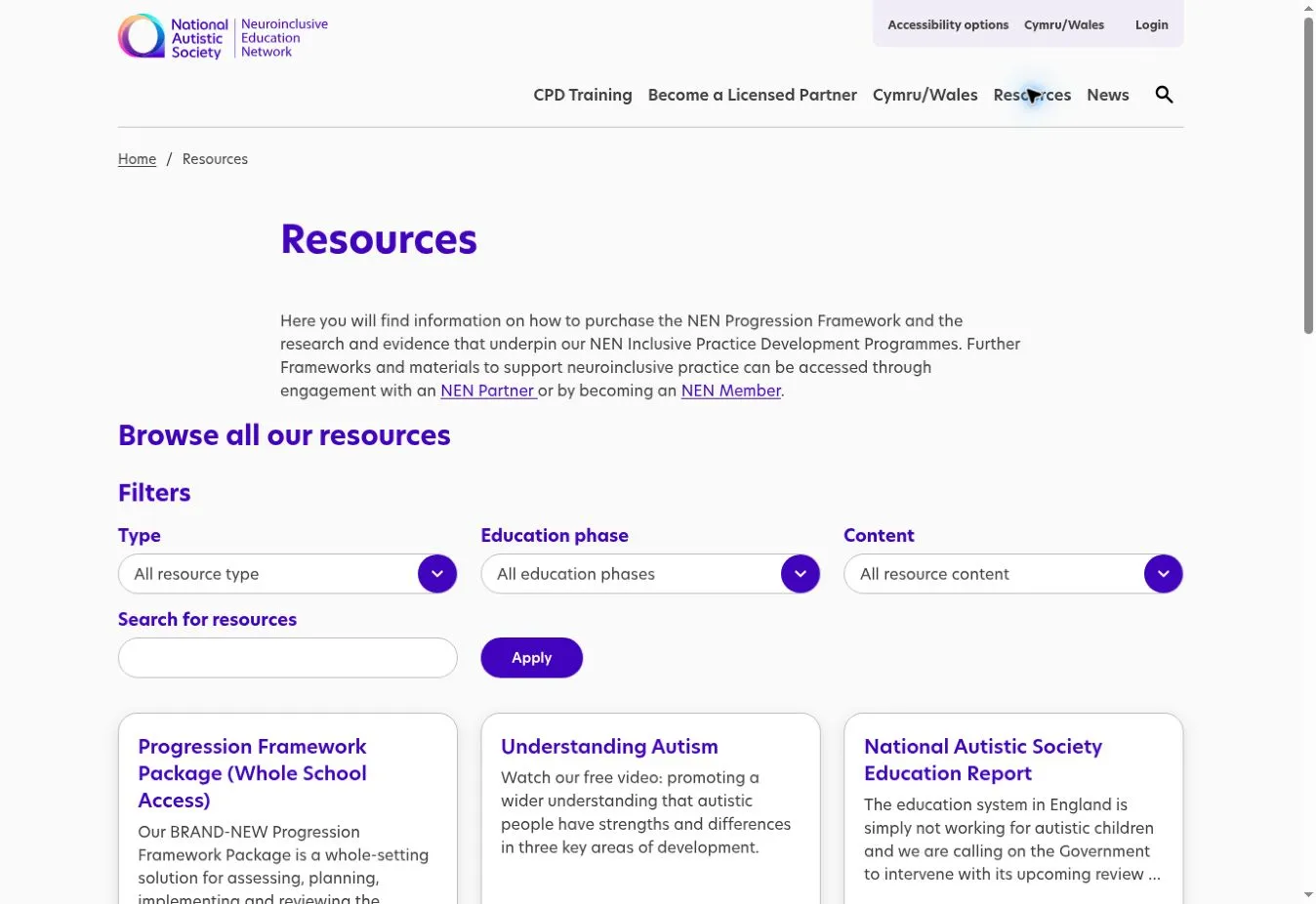 NEN resources page showing type, education-phase and content filters above resource cards