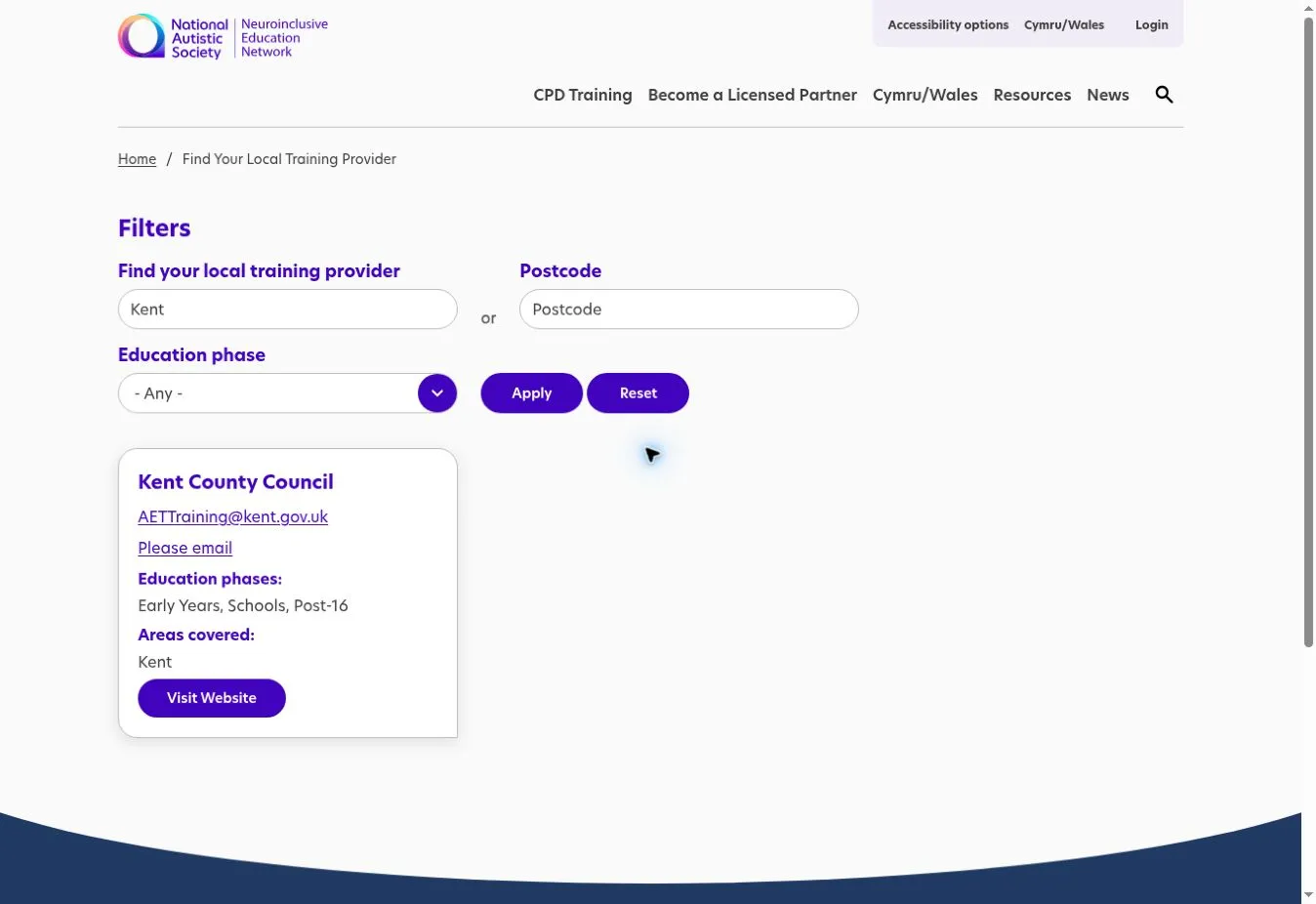NEN training provider search with Kent selected and a Kent County Council result covering early years, schools and post-16