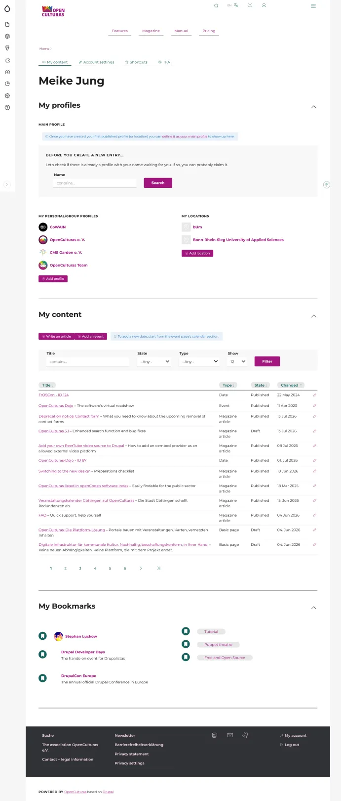 Screenshot of user dashboard, structured in sections: My profiles (invitation to pick a main profile, search block, teaser list of profiles and locations), followed by My content with filterable tabular overview of further content types, followed by My bookmarks, showing content and term bookmarks