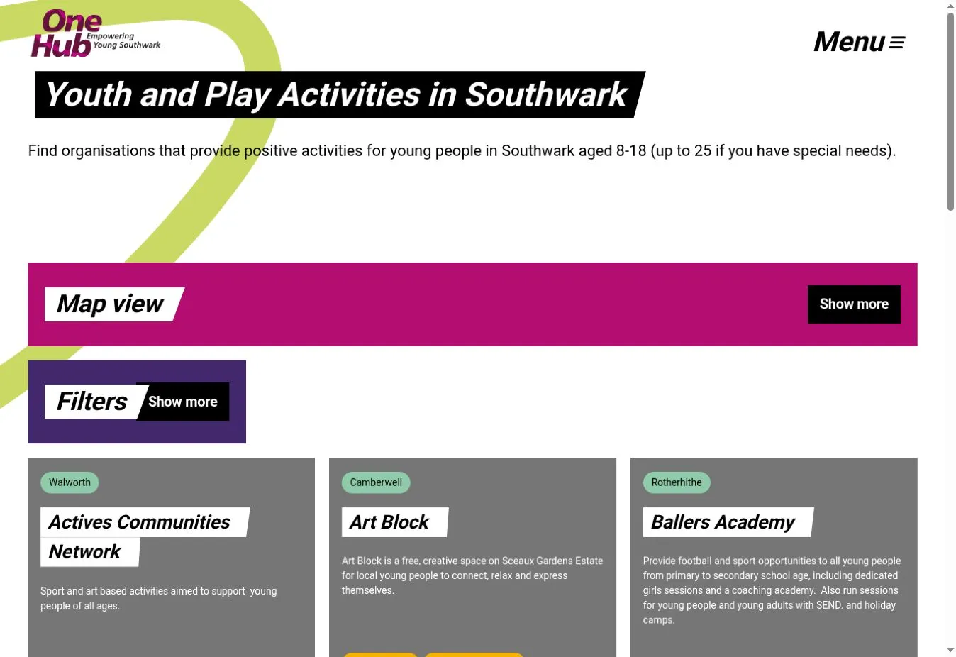 One Hub’s youth and play directory showing map and filter controls above local organisation listings